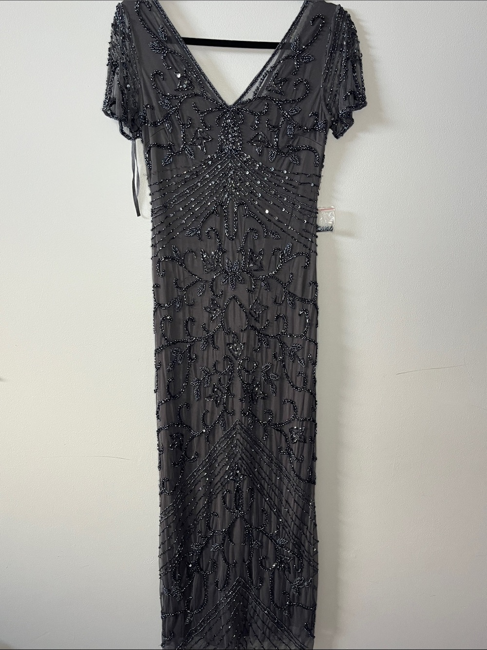 Pisarro Nights Beaded Mesh Column Gown in Slate grey dark grey maxi gown dress